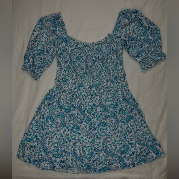 City Studio Blue Paisley Print Puff Sleeve Smocked Mini Dress - Teen Size M - Picture 2 of 8